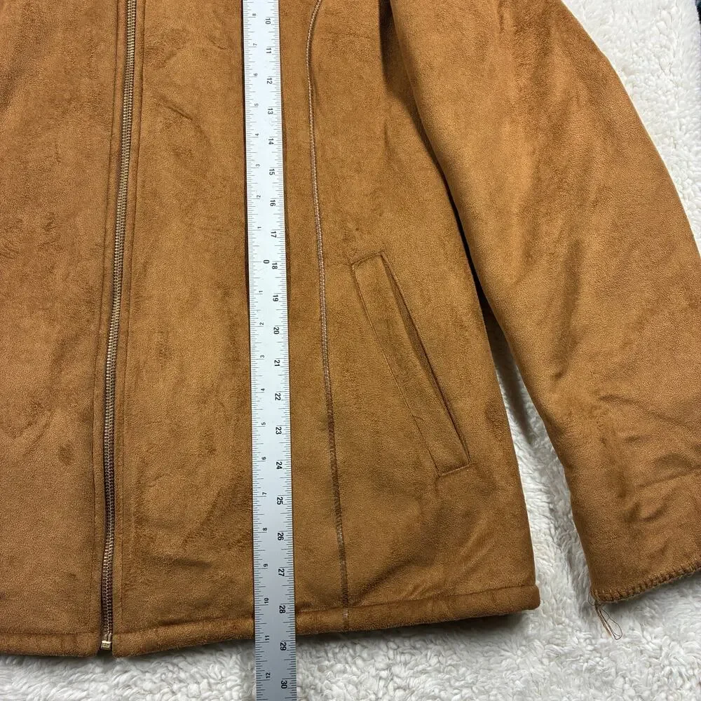 Ellen Tracy Jacket Coat Womens XL Brown Faux Suede Hooded Fur Trim Sherpa Lined